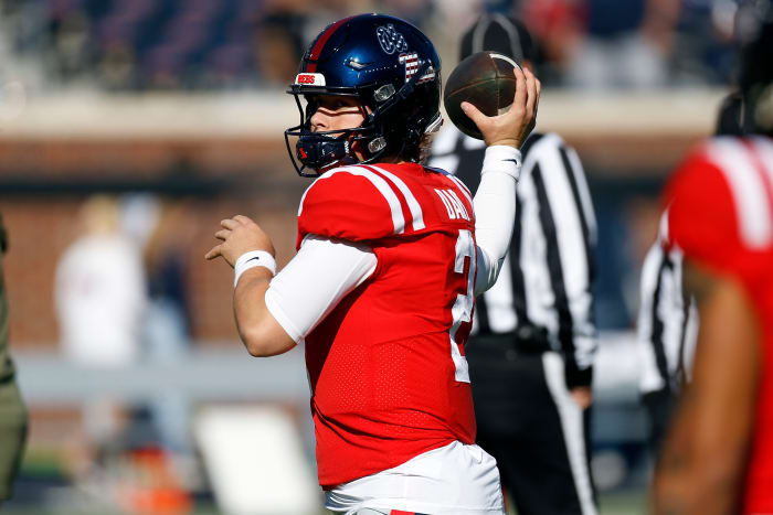 Ole Miss Rebels Jaxson Dart warms up prior to kickoff
